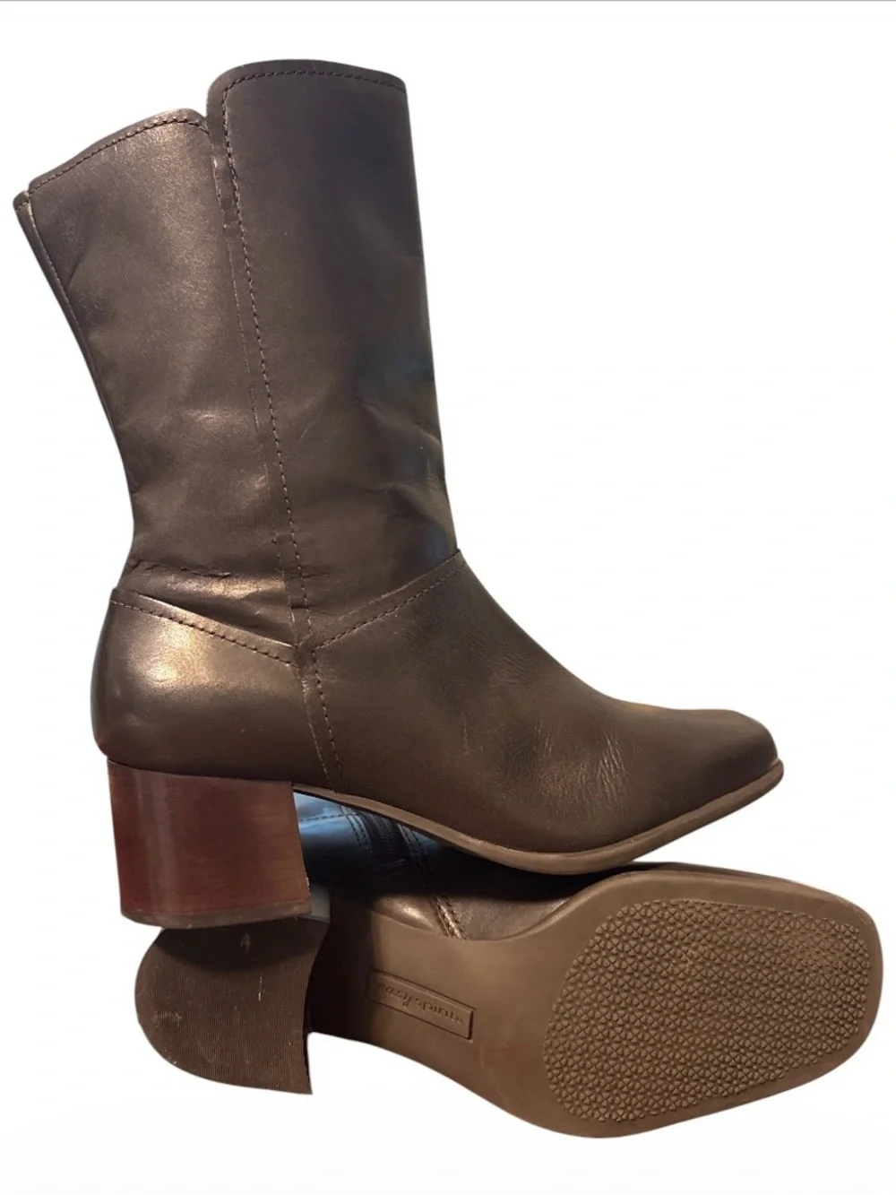 VTG  Brown Leather Boots Y2K Square Toe Mid Calf Chunky Heel Comfort Booties 7